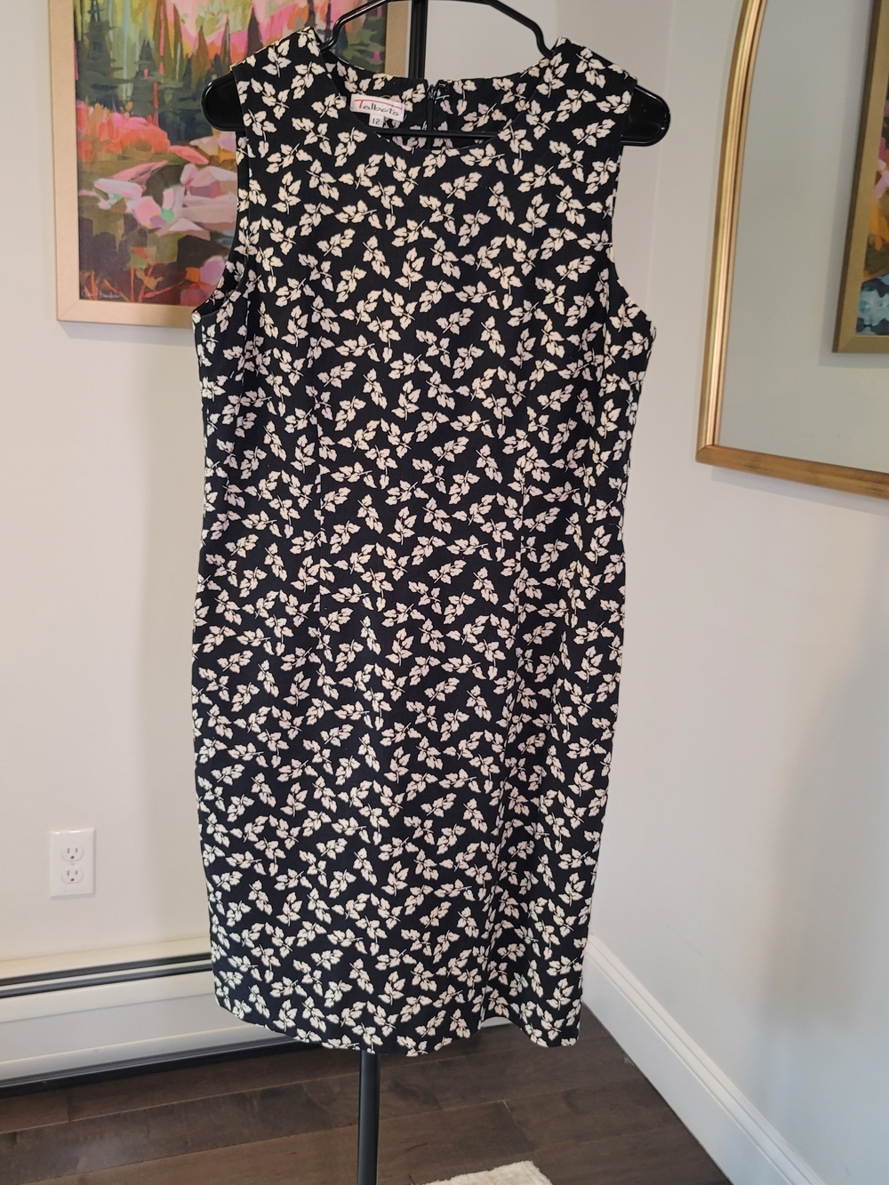 TALBOTS Linen Blend Sleeveless Sheath Dress Floral Print Black Cream Size 12